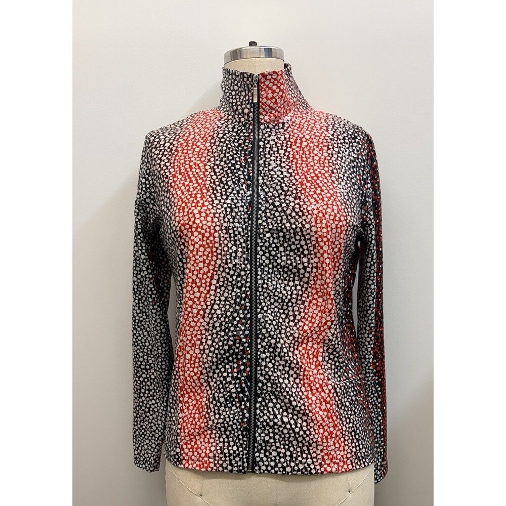 Birch Hill Zip Up Jacket Womens Medium Red Black White Abstract Dot Print